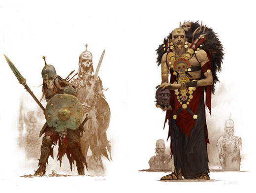Ilustraciones de guerreros esqueletos y nigromante del juego de Conan
