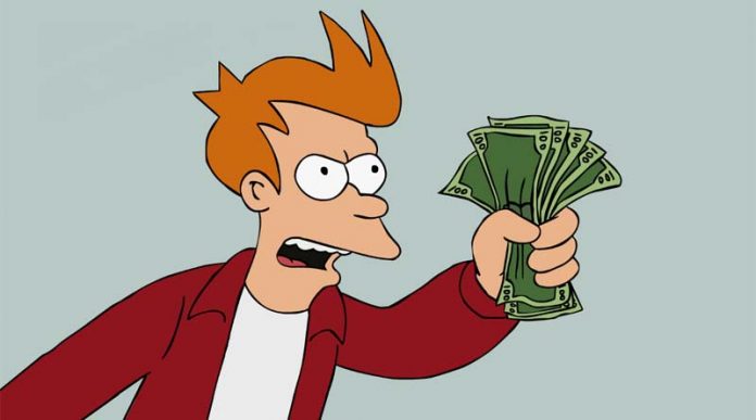 Fray de Futurama ofreciendo su dinero