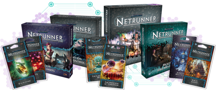 Algunos de los productos del juego de cartas Android: Netrunner