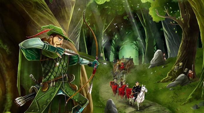 Detalle de la portada del juego de mesa Robin Hood y sus alegres compañeros