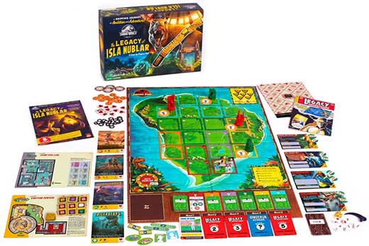 Componentes del nuevo juego de mesa de Jurassic World: The Legacy of Isla Nublar